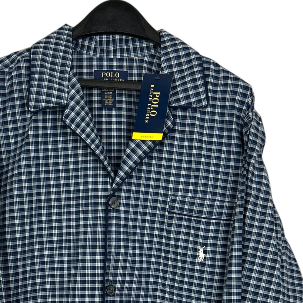 NEW Polo Ralph Lauren Sleepwear Mens Medium Blue Check Cotton Stretch Pajama Top